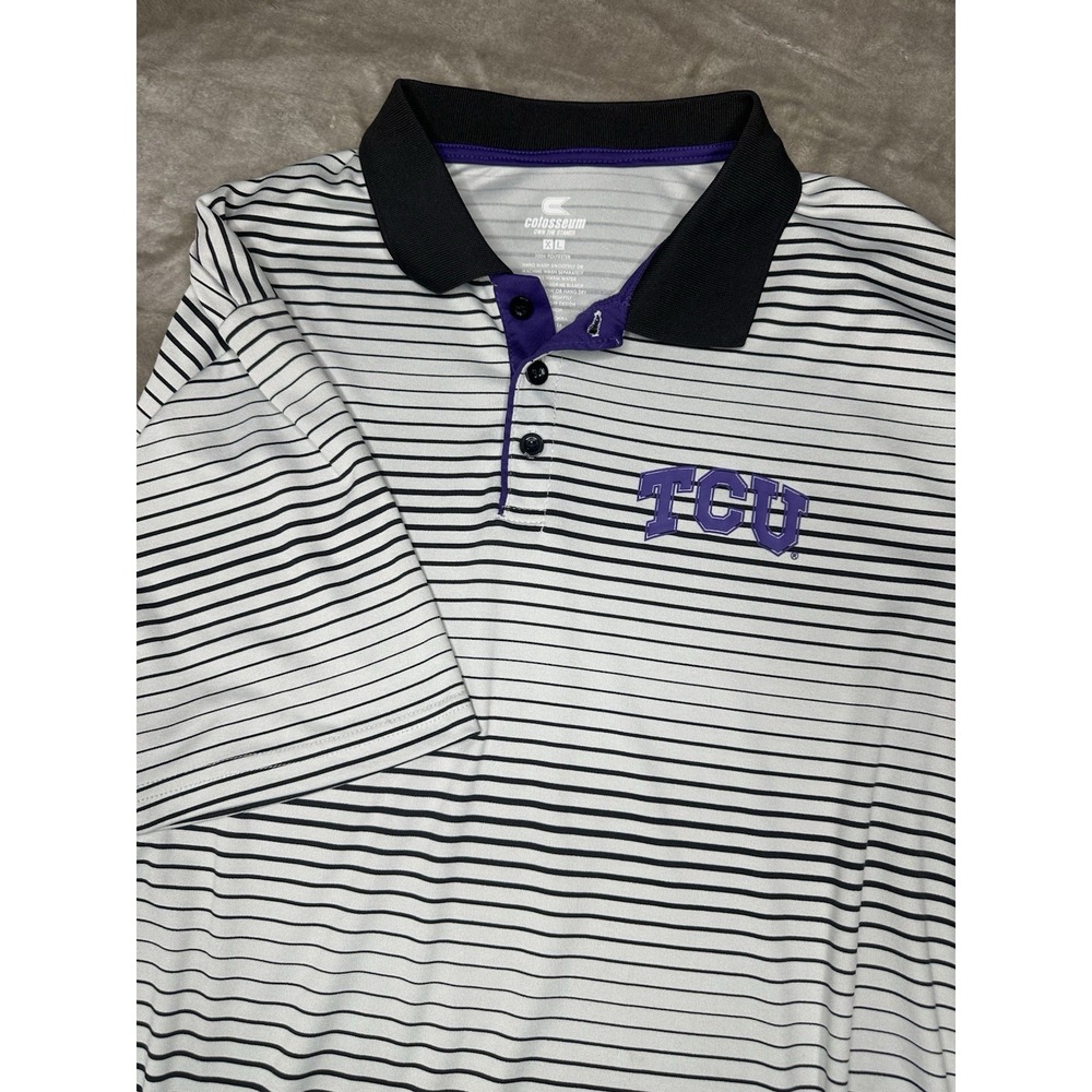 Colosseum TCU Men's Horned Frogs Striped Polo Shirt, XL, Gray Black Purple